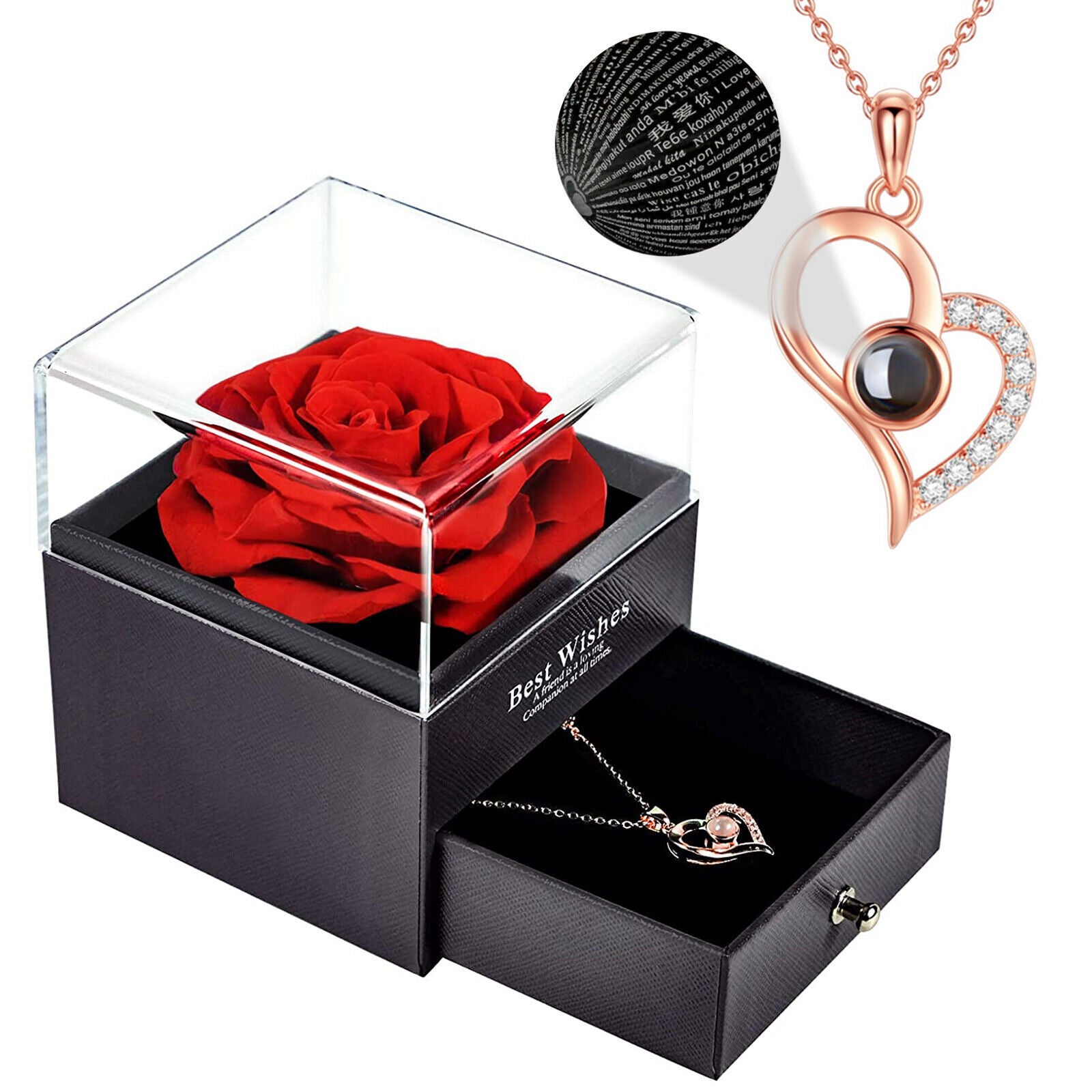 Real Rose Gift Box with Necklace I Love You in 100 Languages