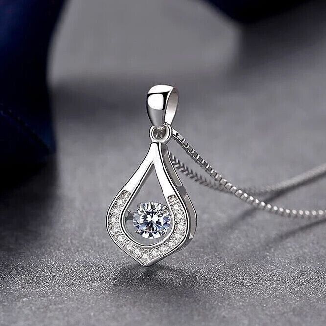 925 Sterling Silver Crystal Water Drop Pendant Necklace Women Girls Jewellery