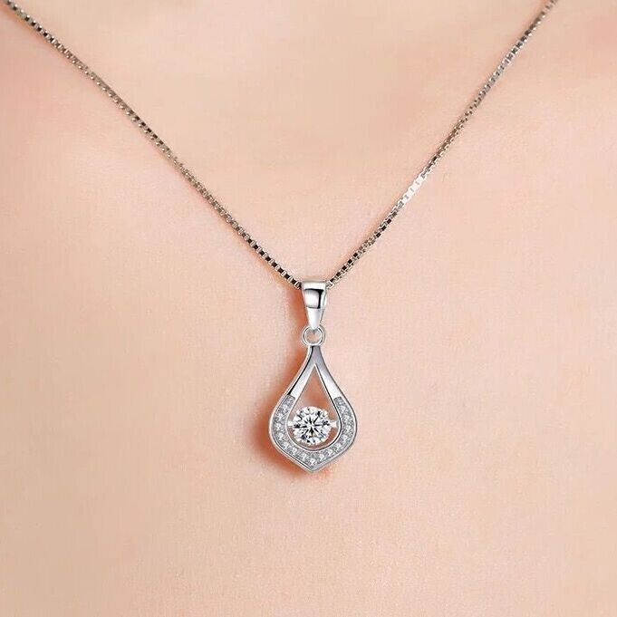 925 Sterling Silver Crystal Water Drop Pendant Necklace Women Girls Jewellery